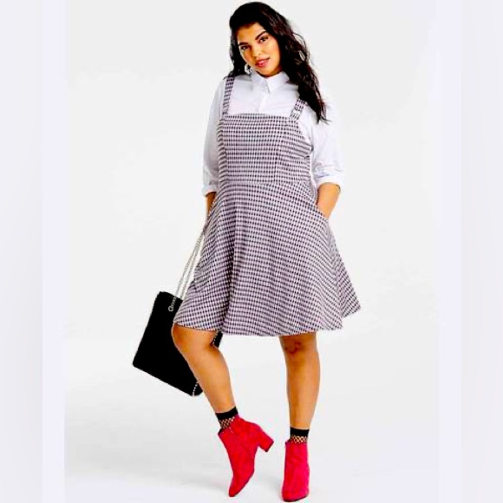 Simply Be Women's Pink Buckle Strap Check Pinafore Dress